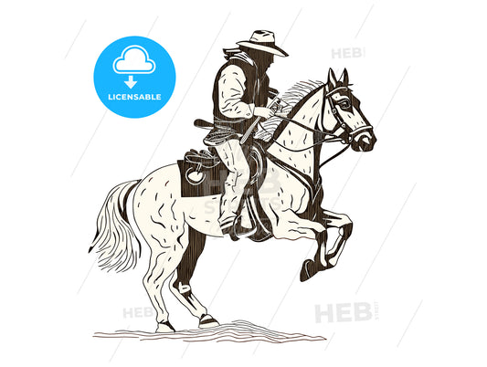 a cowboy riding a horse one color wood cut prin