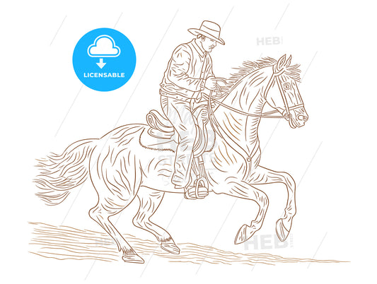 a cowboy riding a horse one color wood cut prin