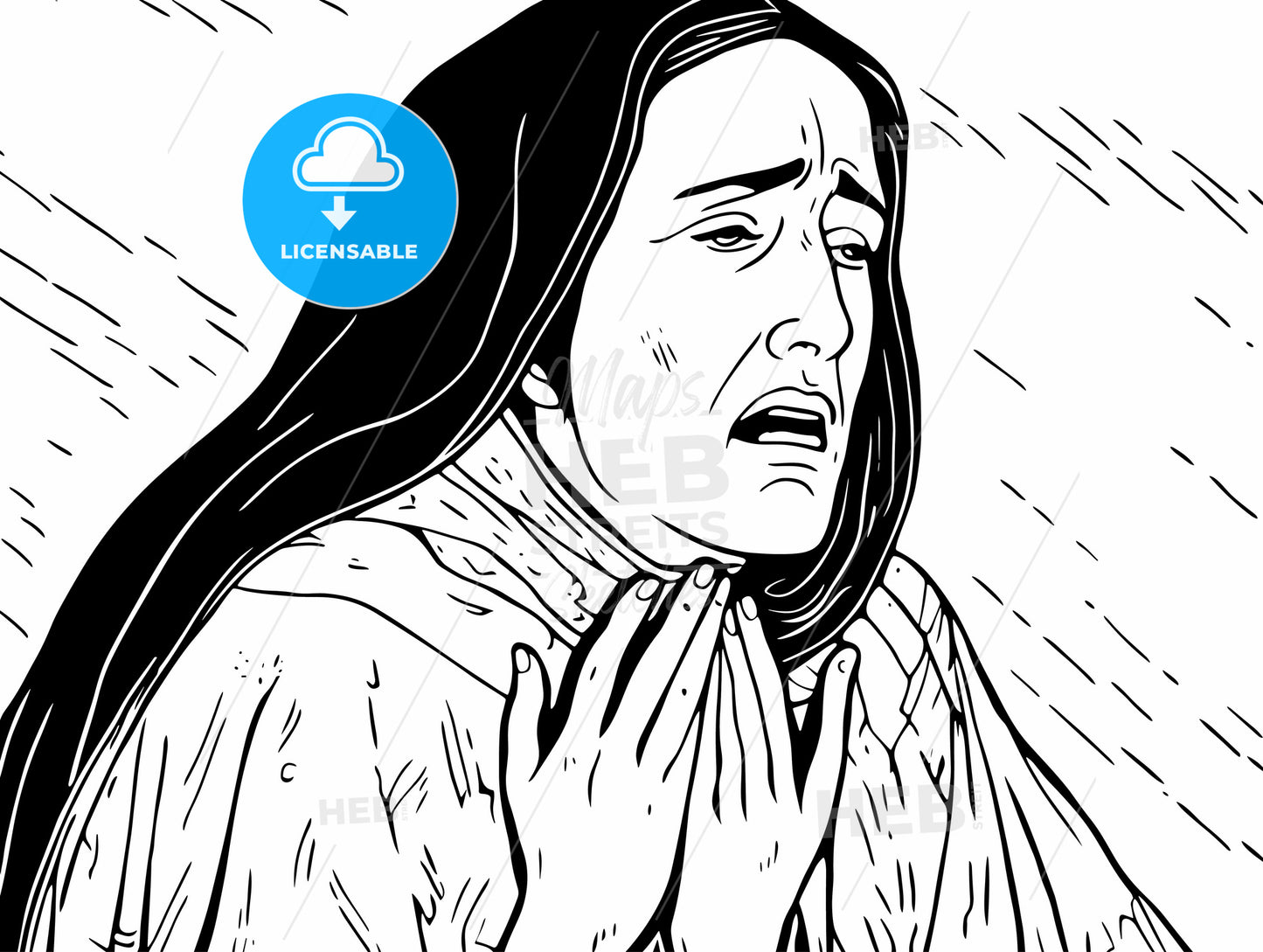 A woman puts her hand on her chest and looks up cryin