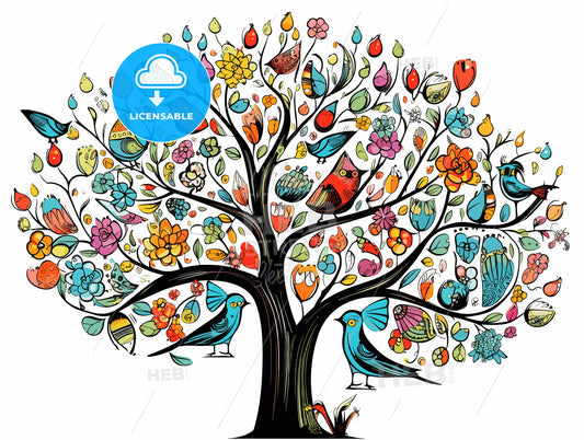 Colorful easter tree with eggs birds and flowers
