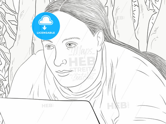 Female student partially smiling while looking at laptop