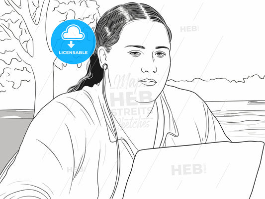 Female student partially smiling while looking at laptop