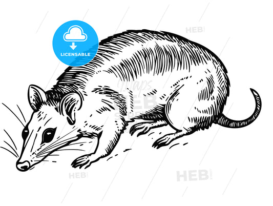 flat woodcut of a crawling white opossum rat.