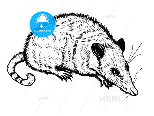 flat woodcut of a crawling white opossum rat.