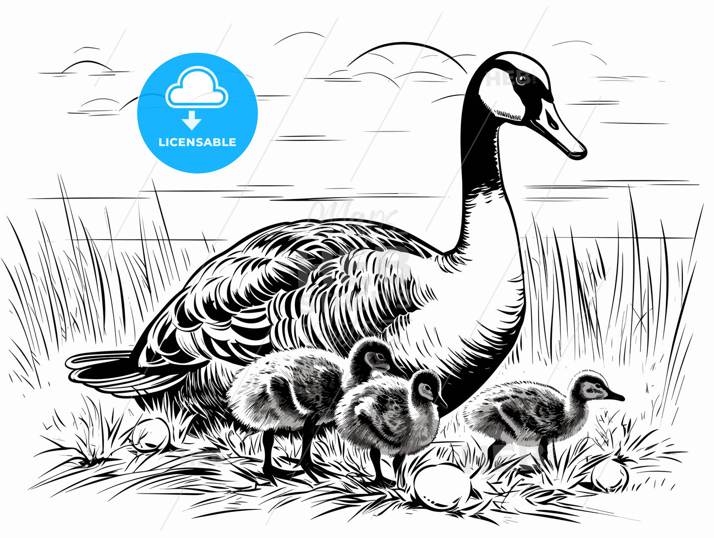 Goose with goslings and eggs on green grass.