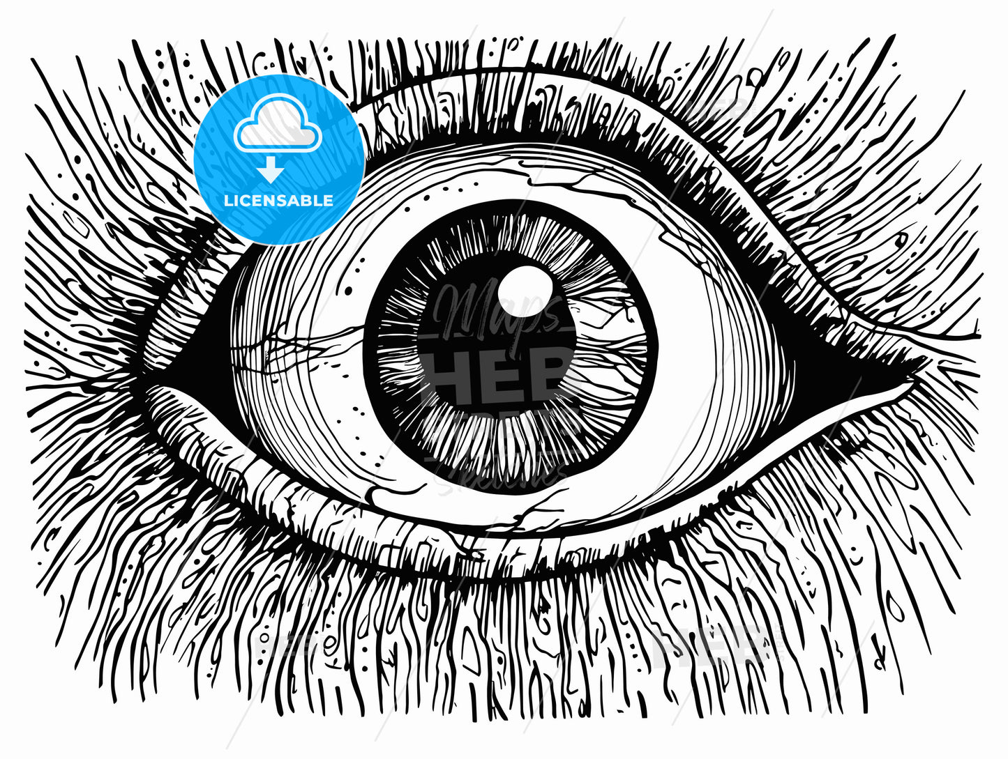 Pen and ink illustration of an eyeball man.