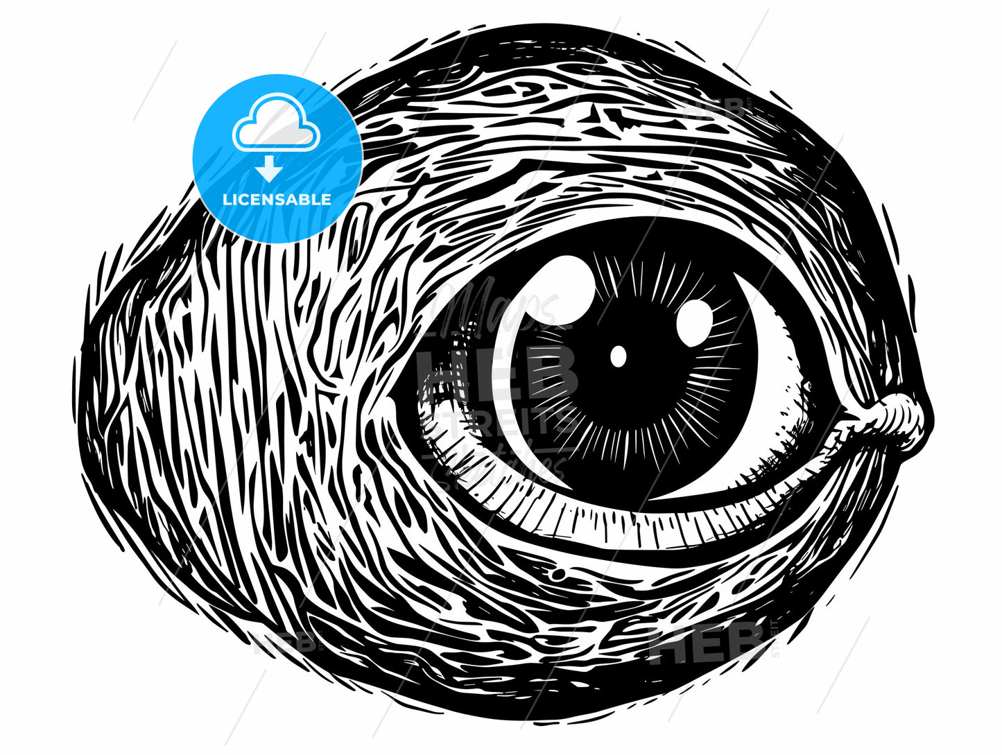 Pen and ink illustration of an eyeball man.