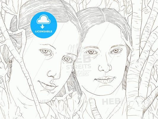 Portrait of two beautiful women behind the tree