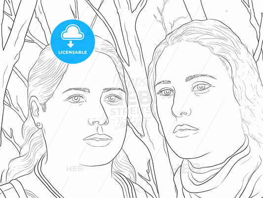 Portrait of two beautiful women behind the tree