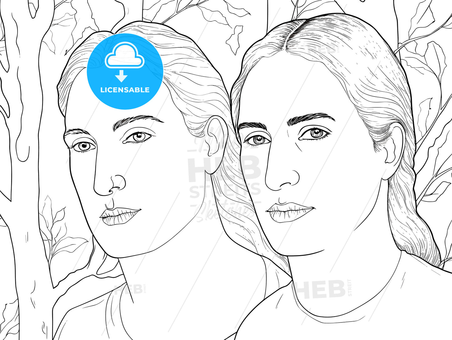 Portrait of two beautiful women behind the tree