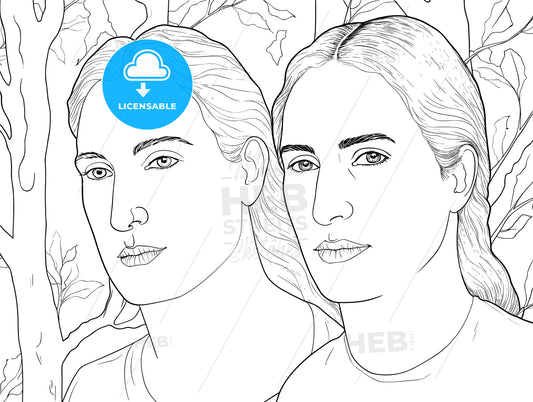 Portrait of two beautiful women behind the tree