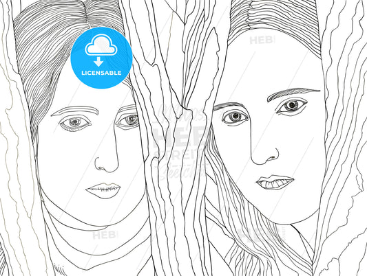 Portrait of two beautiful women behind the tree
