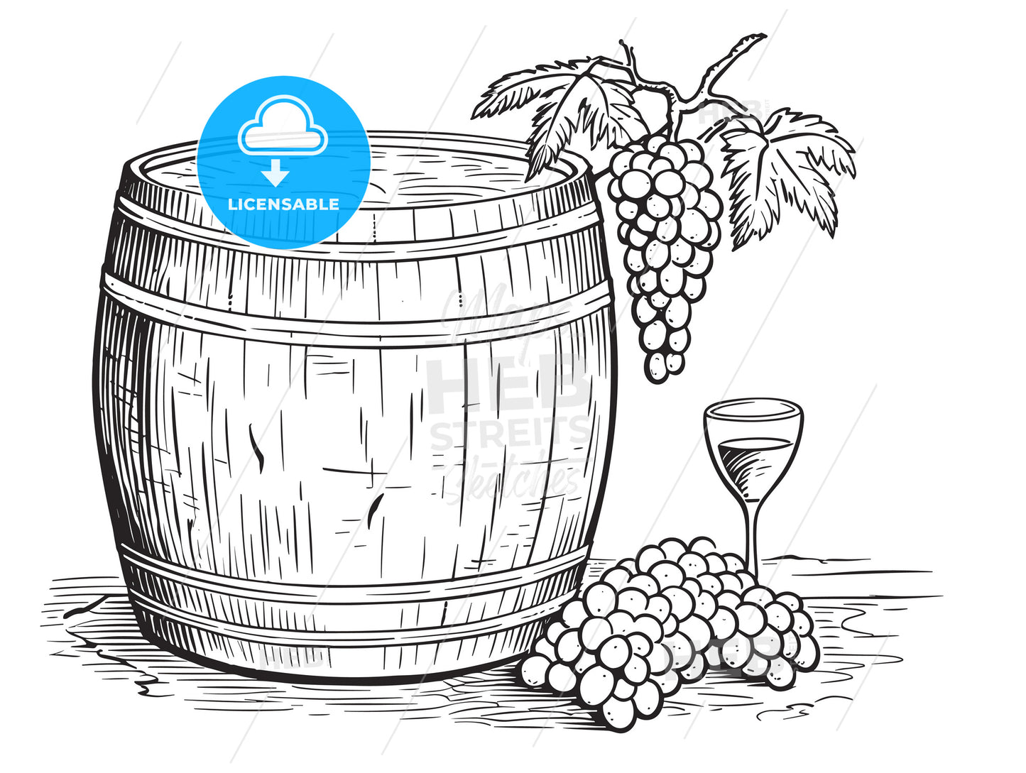 Wine and glass and grapes on barrel