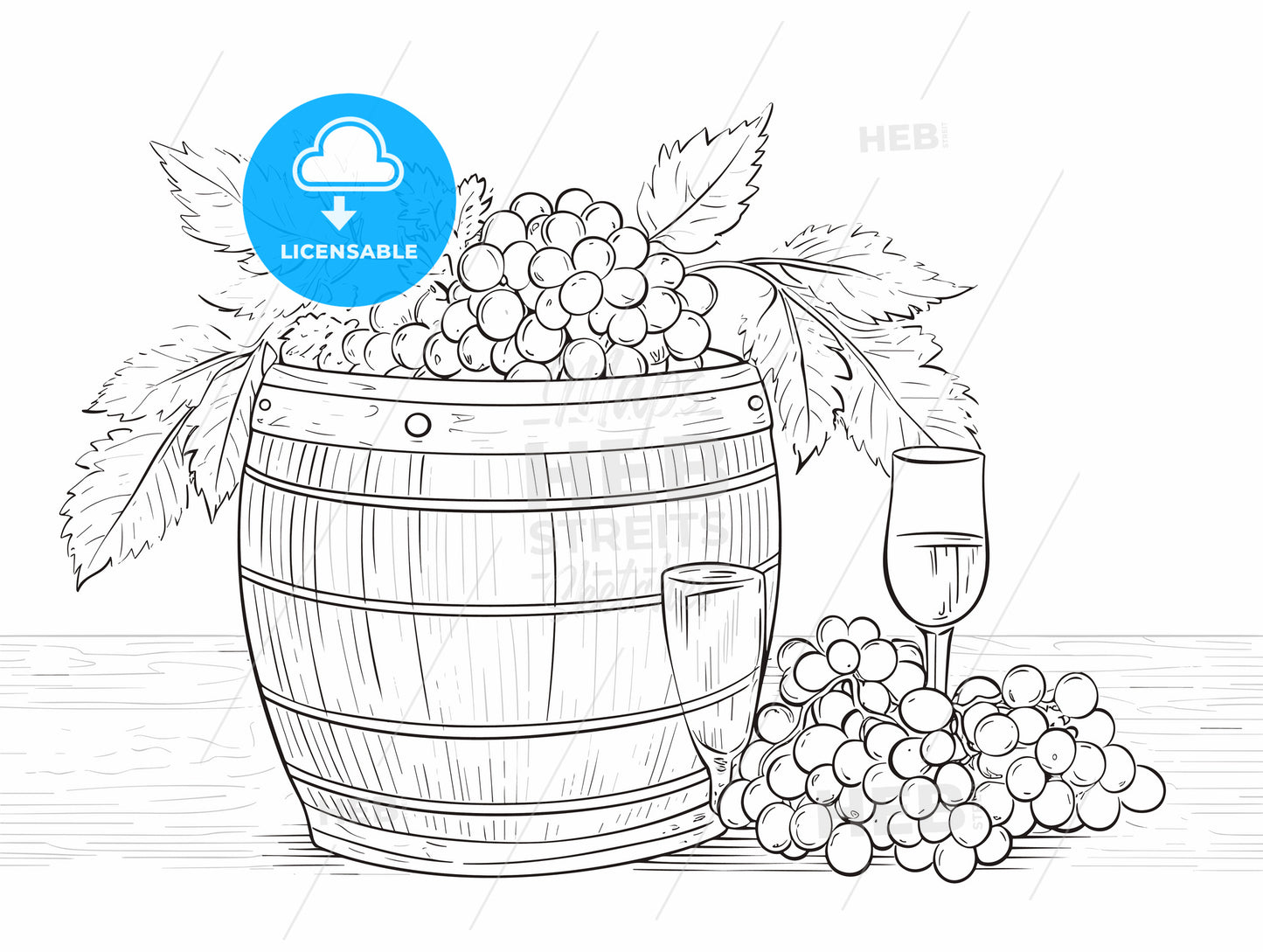 Wine and glass and grapes on barrel