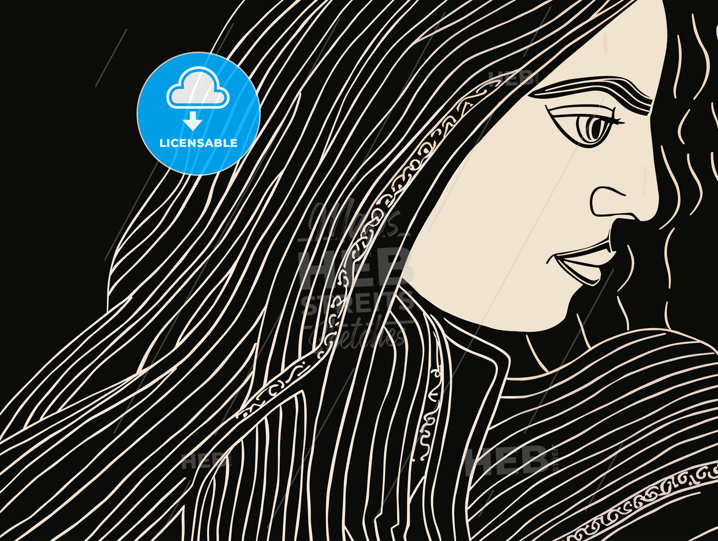 Woman with chield woodcut.