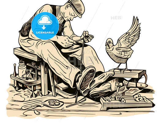 woodcut of a dove and a shoemaker.