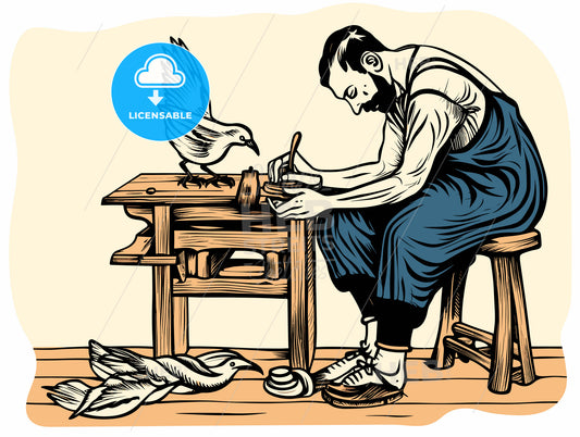 woodcut of a dove and a shoemaker.