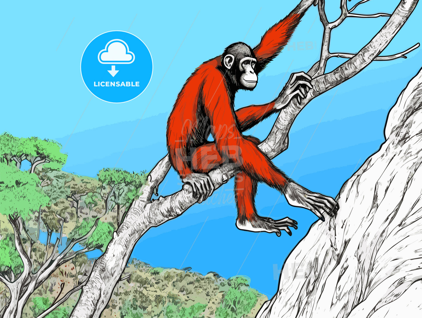 Alone adult chimp sitting on a cliff and thinking