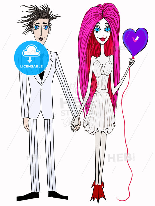 Cartoon bride and groom are holding heart poster