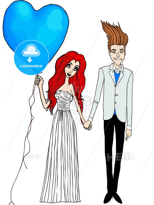 Cartoon bride and groom are holding heart poster
