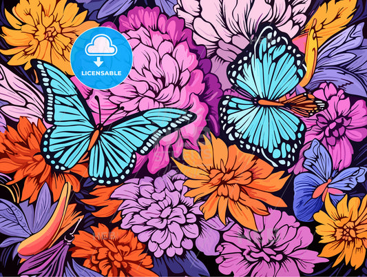 Colorful background with flowers and butterflies