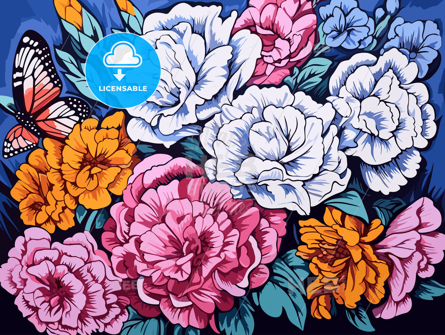 Colorful background with flowers and butterflies