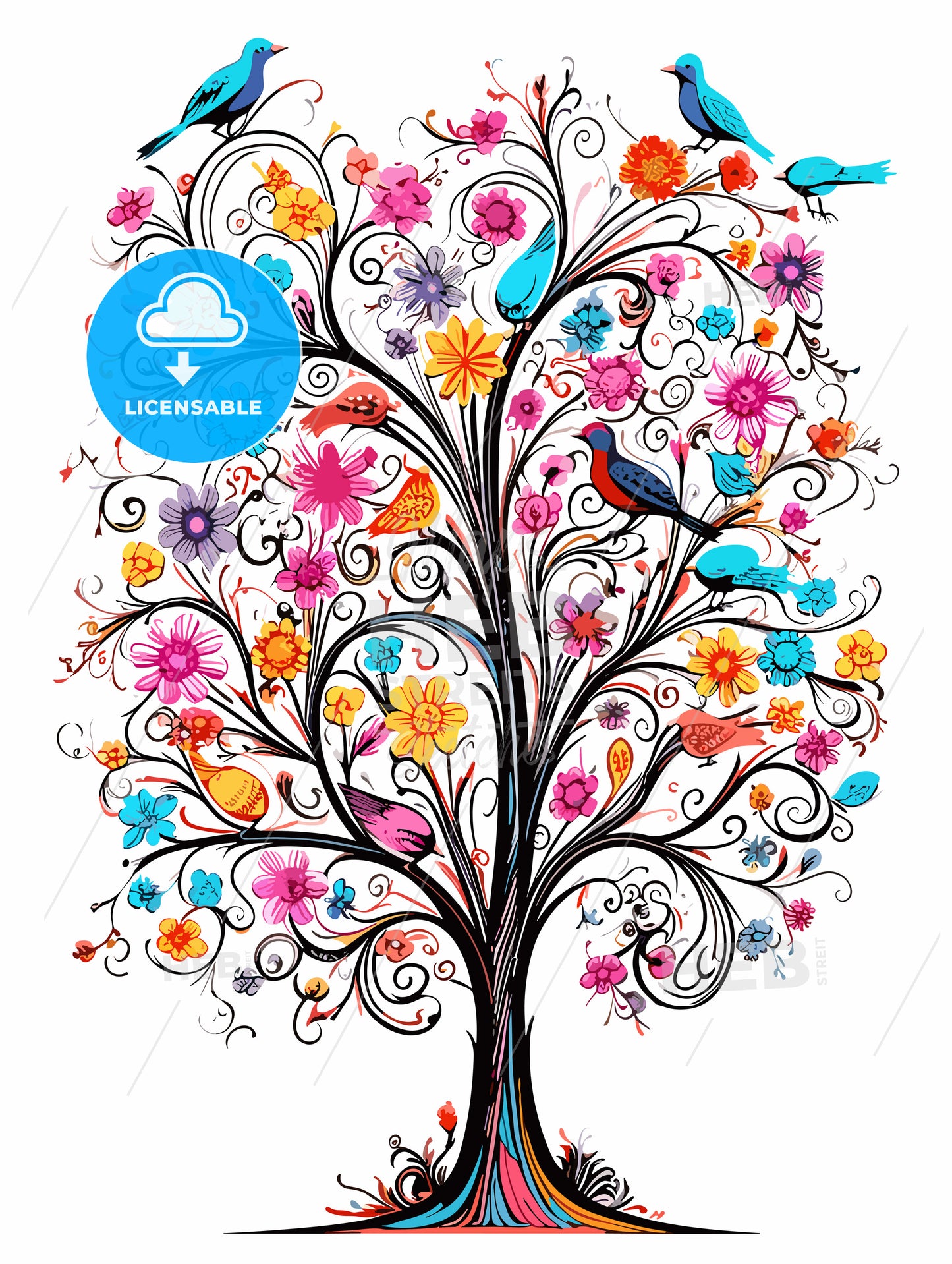 Colorful easter tree with eggs birds and flowers