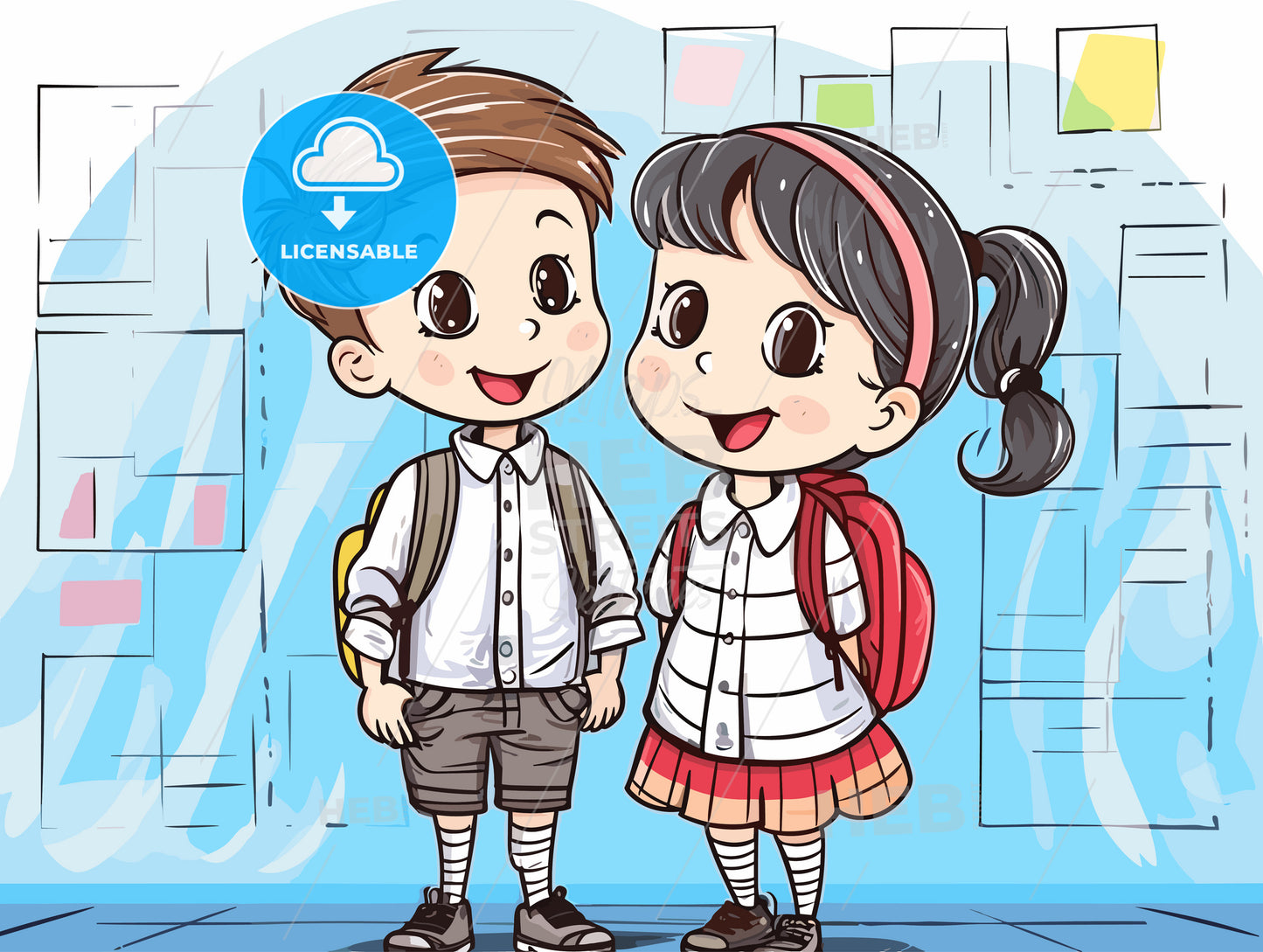 Cute boy and girl at school in front of a big blackboard