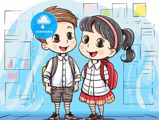 Cute boy and girl at school in front of a big blackboard