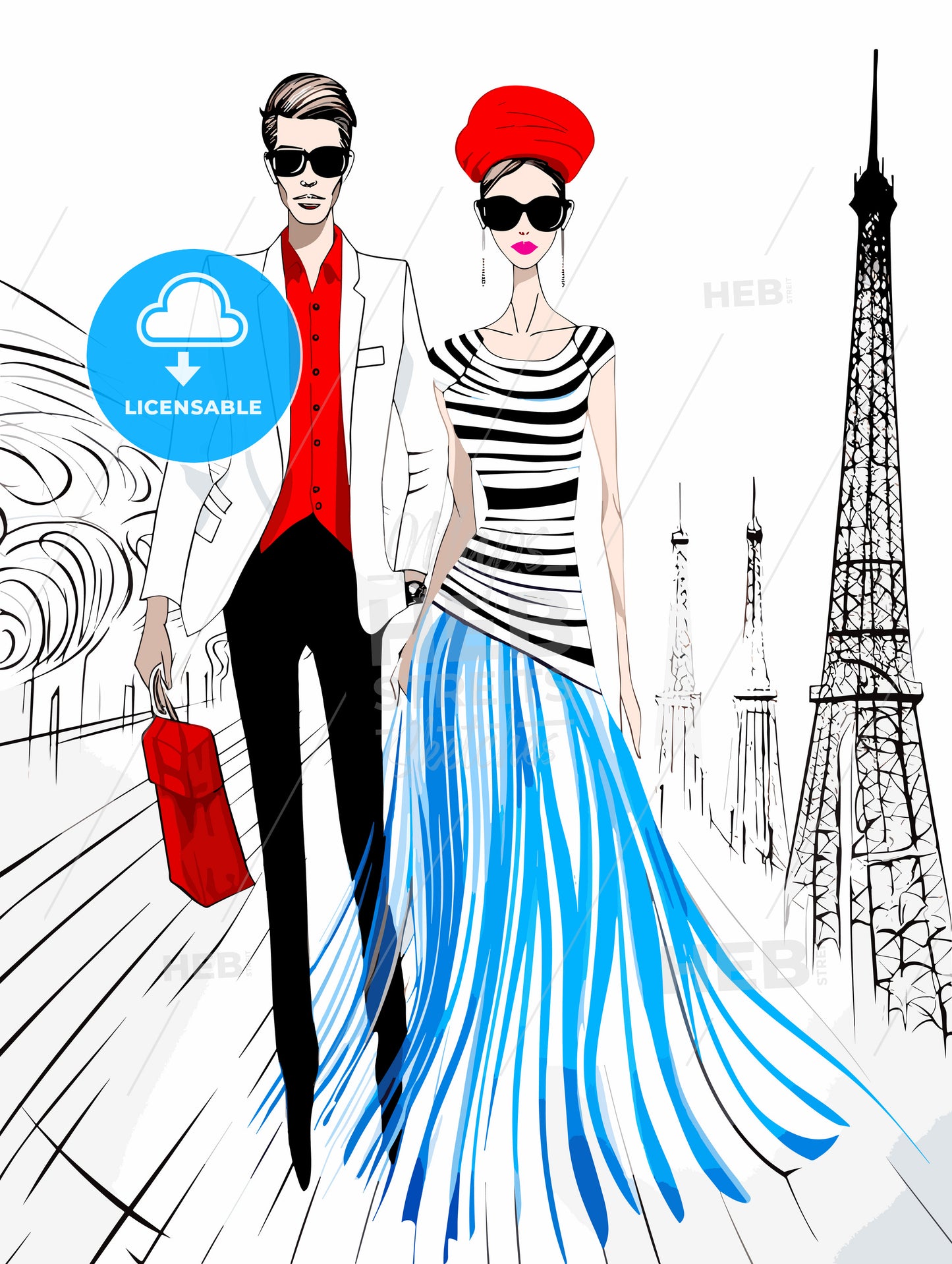 Fashion illustration of Couple in Paris