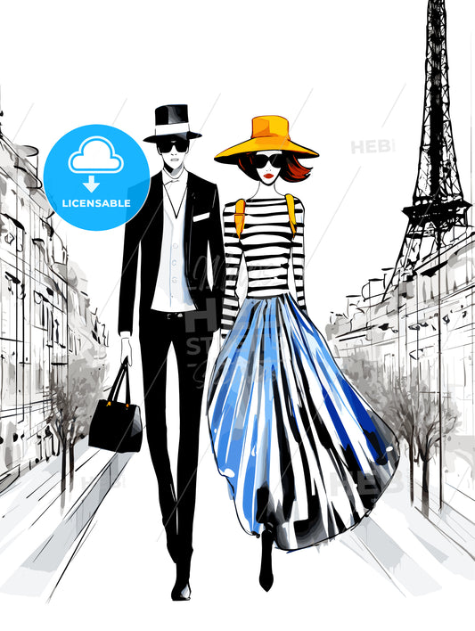 Fashion illustration of Couple in Paris