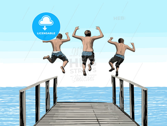Group of friends jumping to the sea from the pier