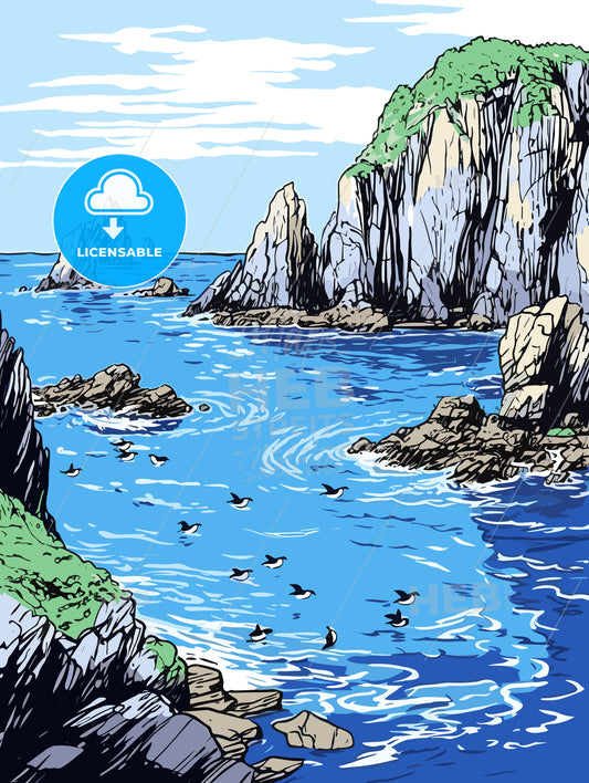 Group of penguins with a blue iceberg bay