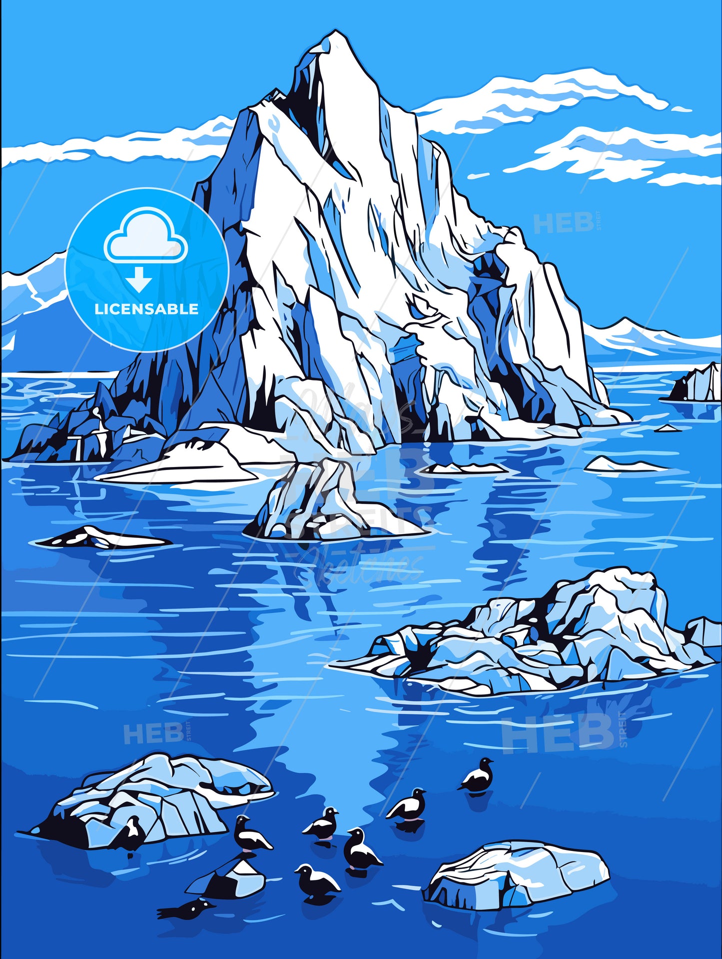 Group of penguins with a blue iceberg bay