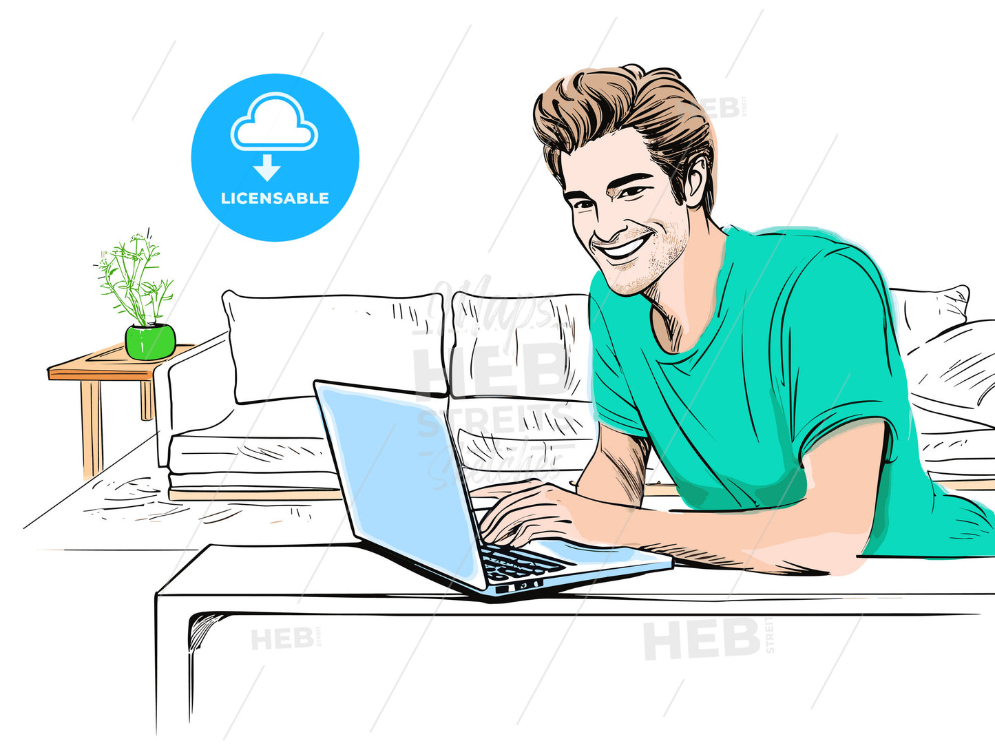 Happy casual man using laptop computer at home