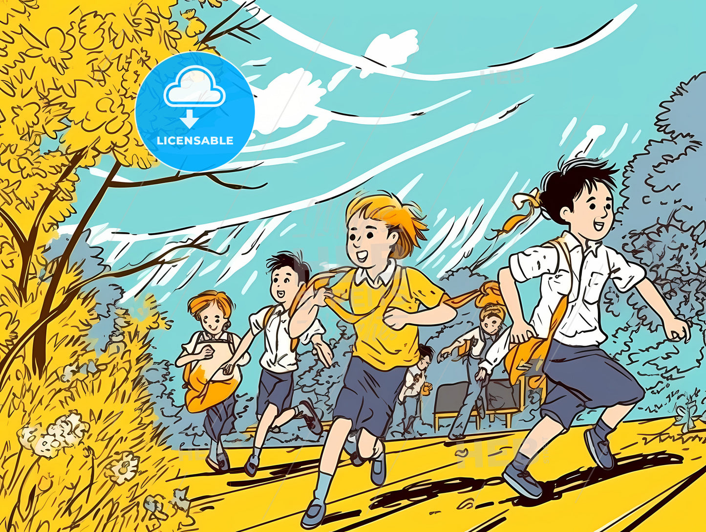 Happy children running to school in a hurry