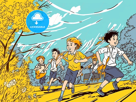 Happy children running to school in a hurry