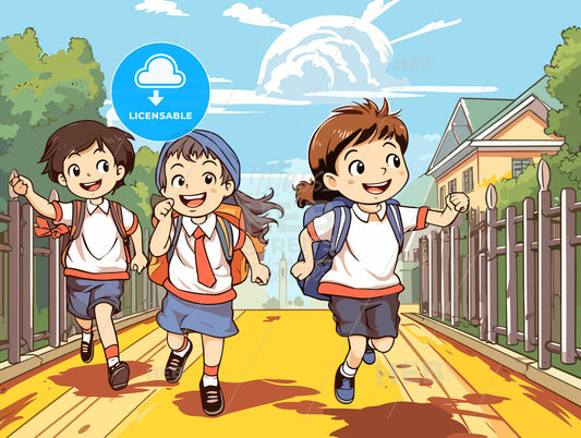 Happy children running to school in a hurry