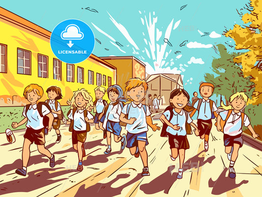 Happy children running to school in a hurry