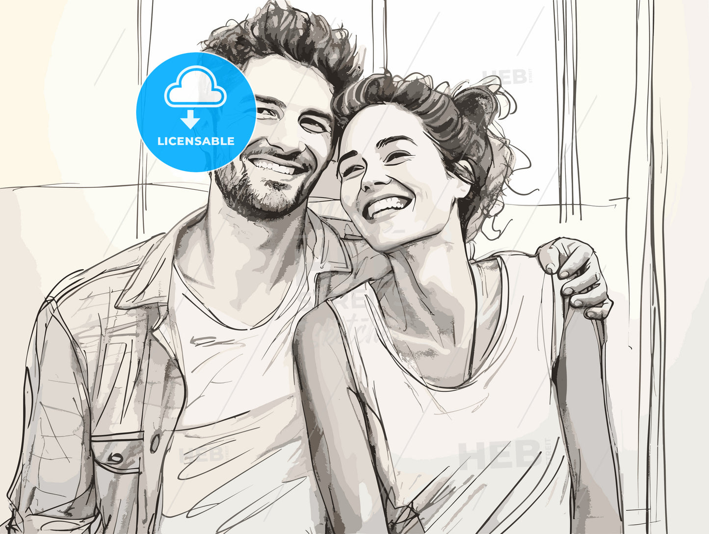 Happy couple standing front of painted white wall