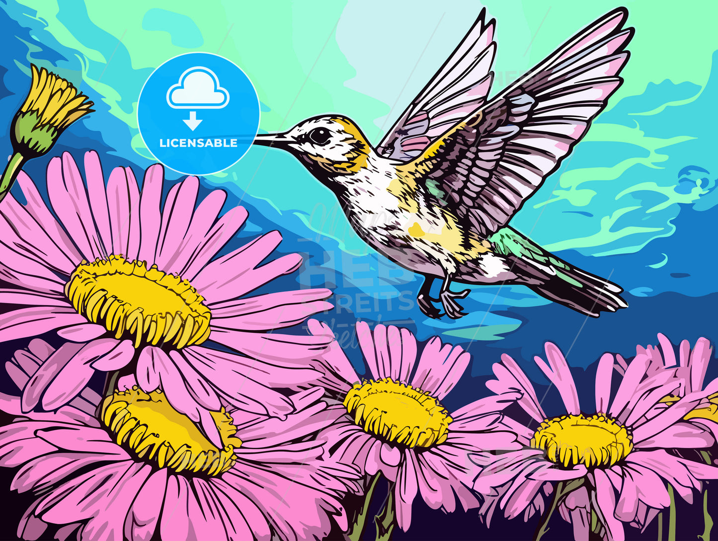 Hummingbird flying taken the nectar from the flower