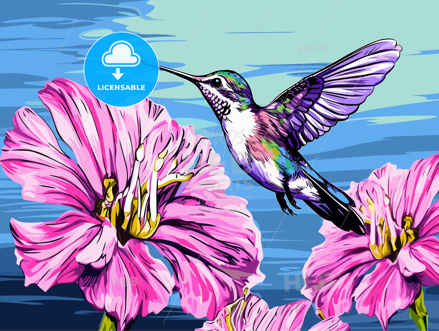 Hummingbird flying taken the nectar from the flower