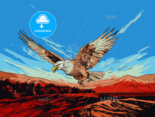 Large Ferruginous Hawk in flight with blue sky