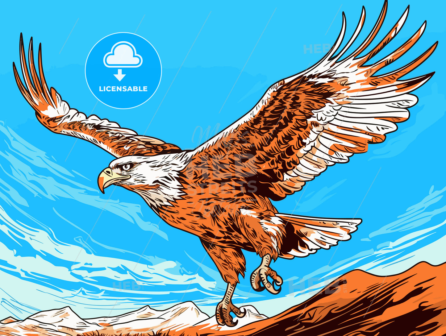 Large Ferruginous Hawk in flight with blue sky