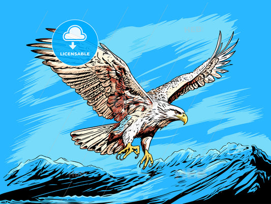Large Ferruginous Hawk in flight with blue sky