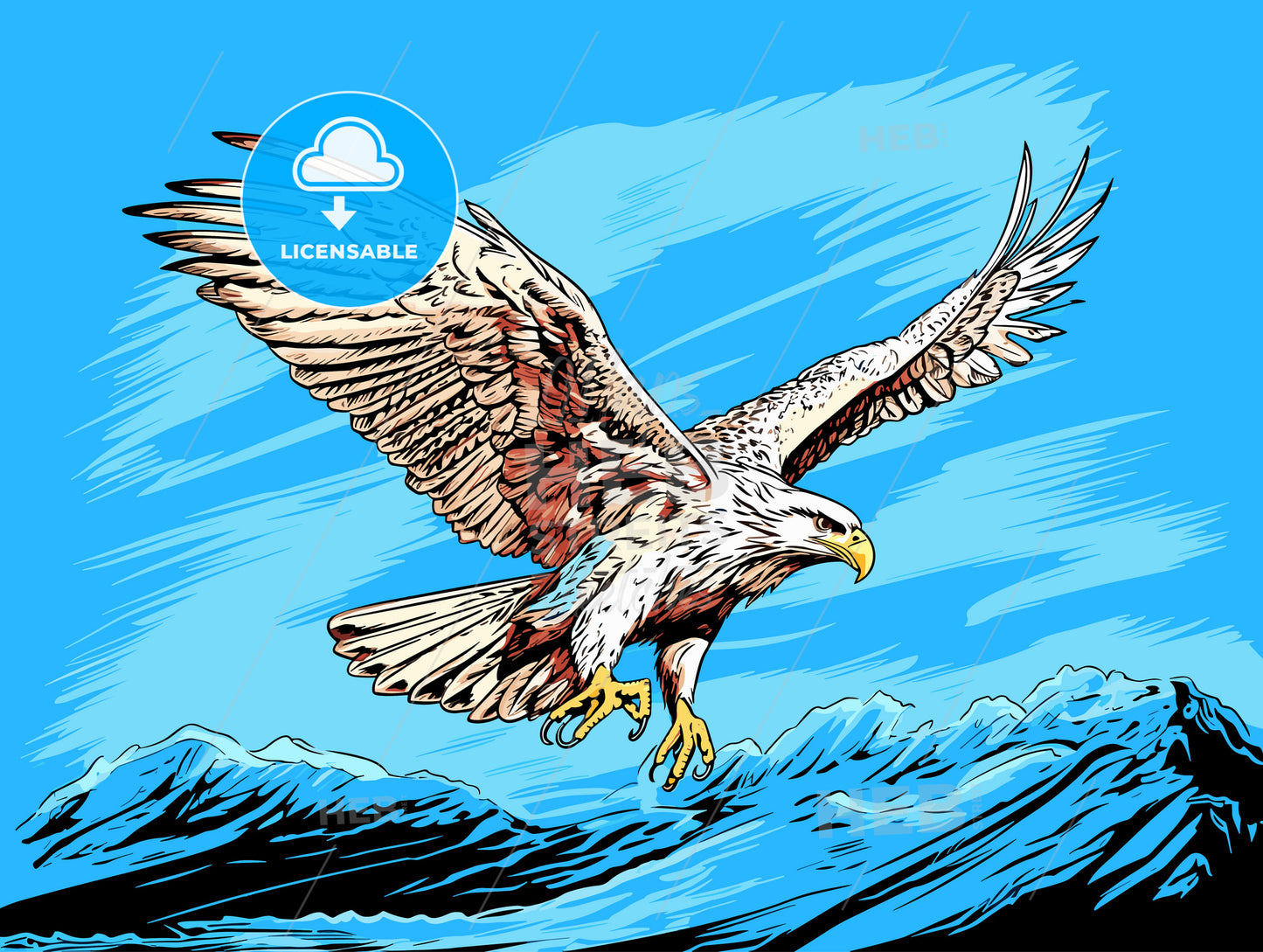 Large Ferruginous Hawk in flight with blue sky