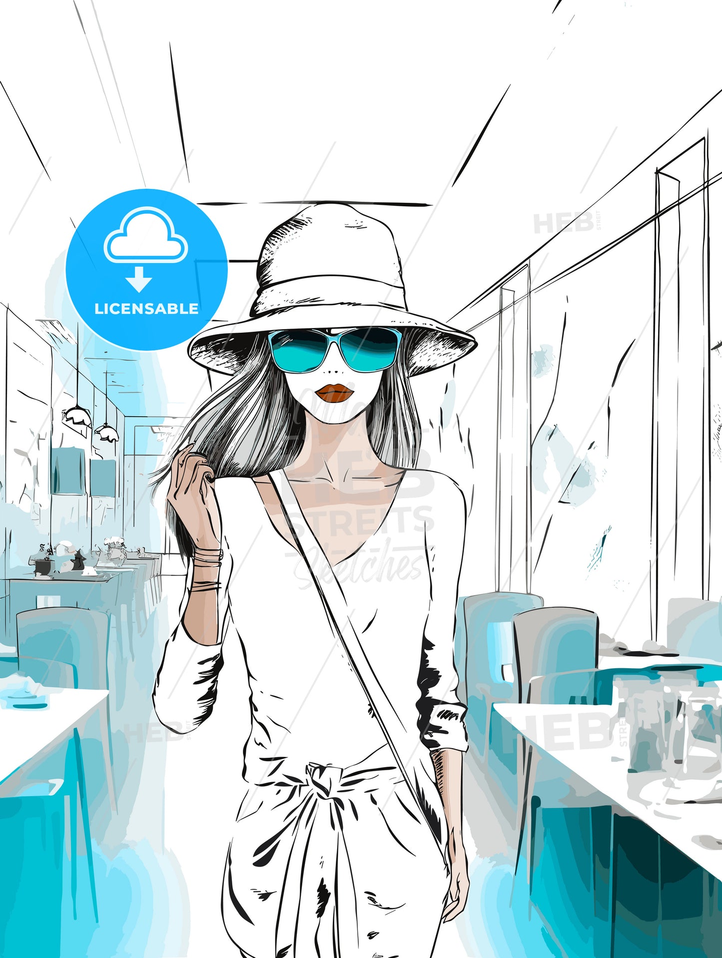 Lifestyle fashion illustration in the coffee bar