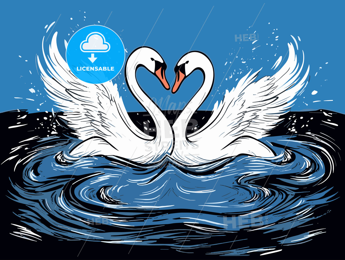 Love swans making a heart on misty water