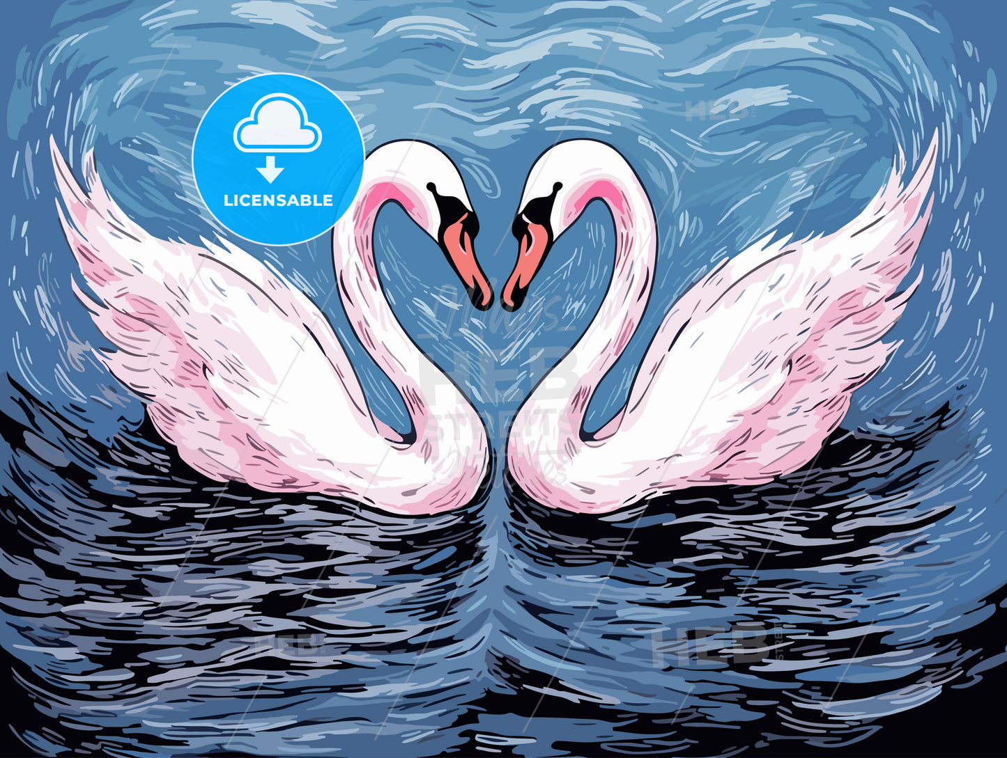 Love swans making a heart on misty water