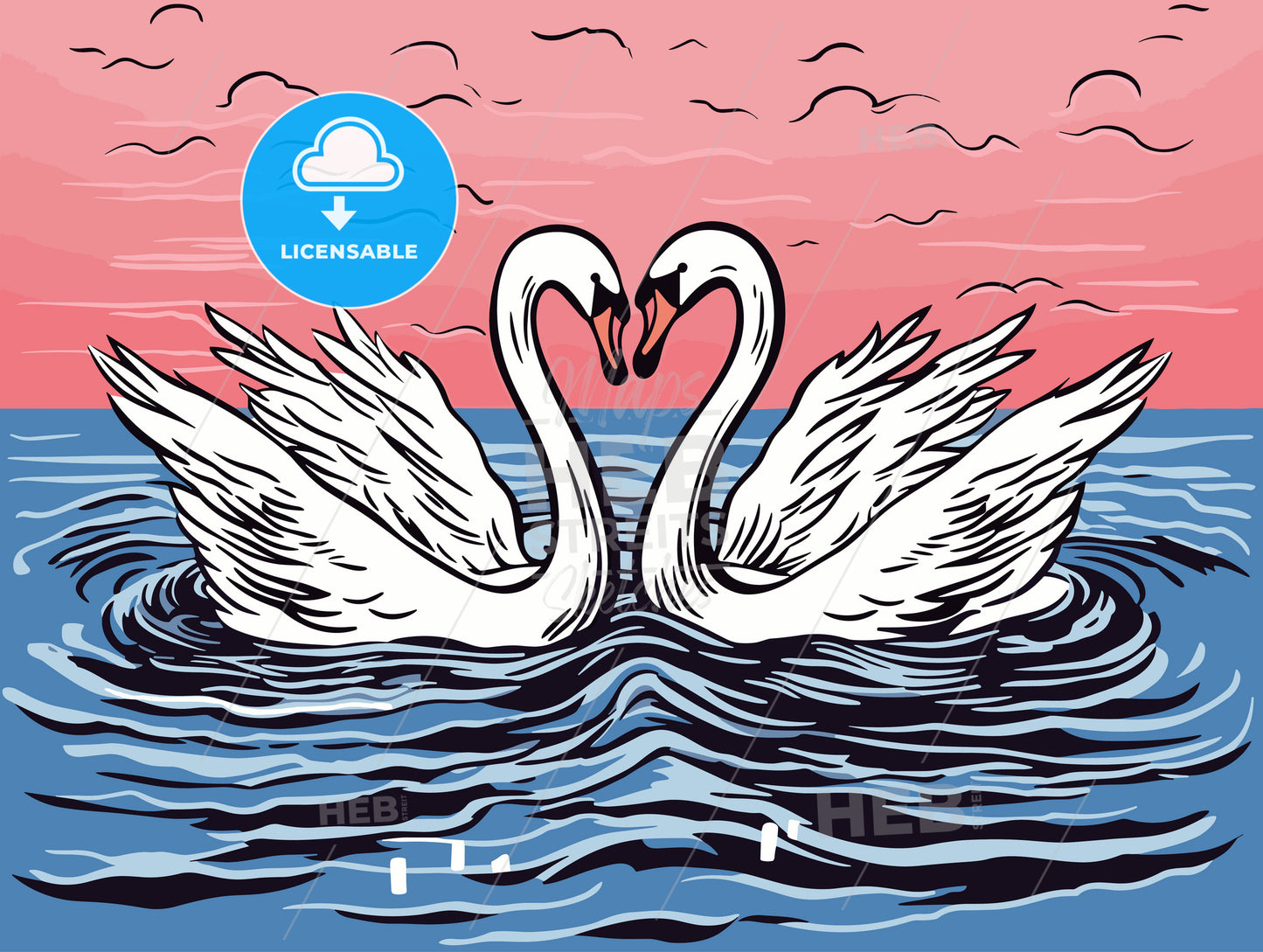 Love swans making a heart on misty water